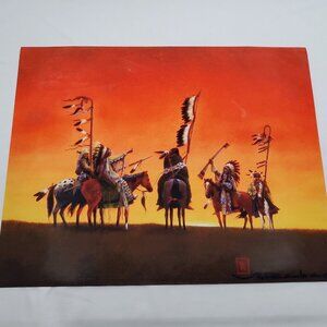 Vibrant Native American Horseback Riders Sunset Art Print Wall Decor